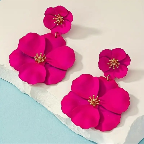 Rose Pinkish Red, Double Flower Dangle, Gold Center, Boho, Vacation Earrings - Picture 3 of 8